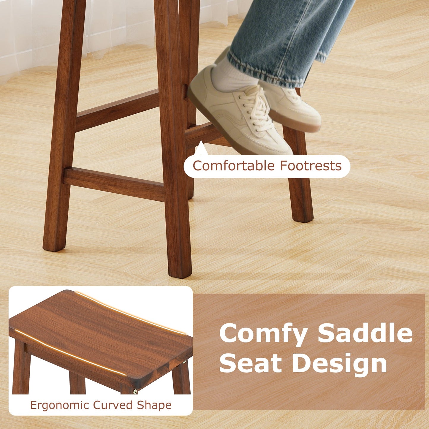 Set of 2 Saddle-Seat Counter Height Stools with Curved Seat and Footrests-Walnut