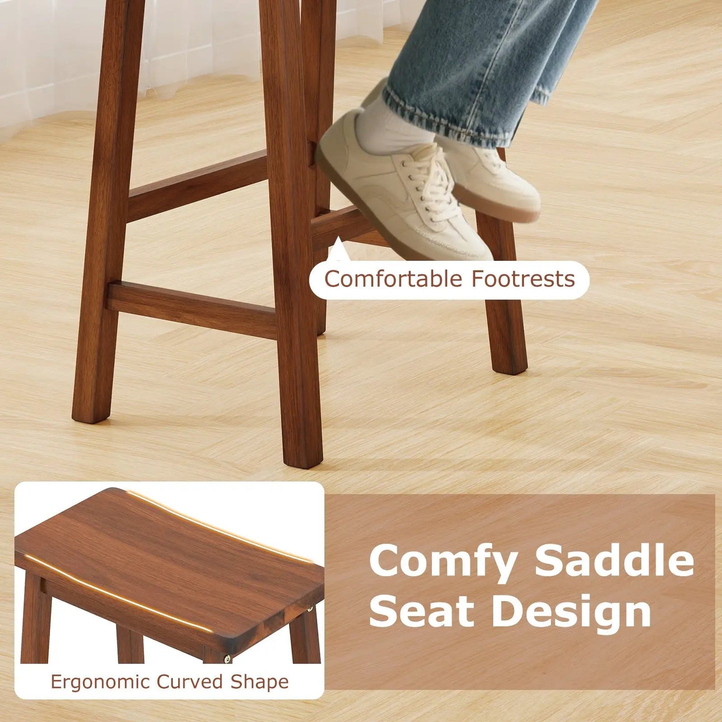Walnut saddle-seat counter-height stools set of 2 with curved seats and footrests on Tampa Home & Garden Store