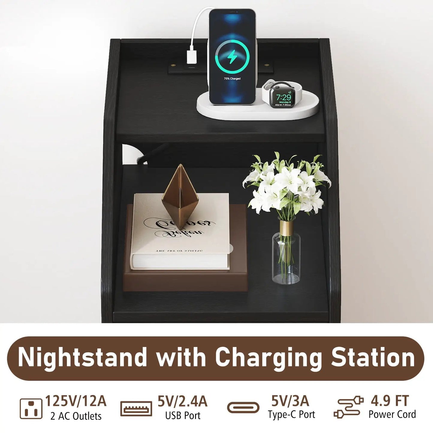 Side End Tables Set of 2 in black wood with charging station, phone on wireless charger on Tampa Home & Garden Store