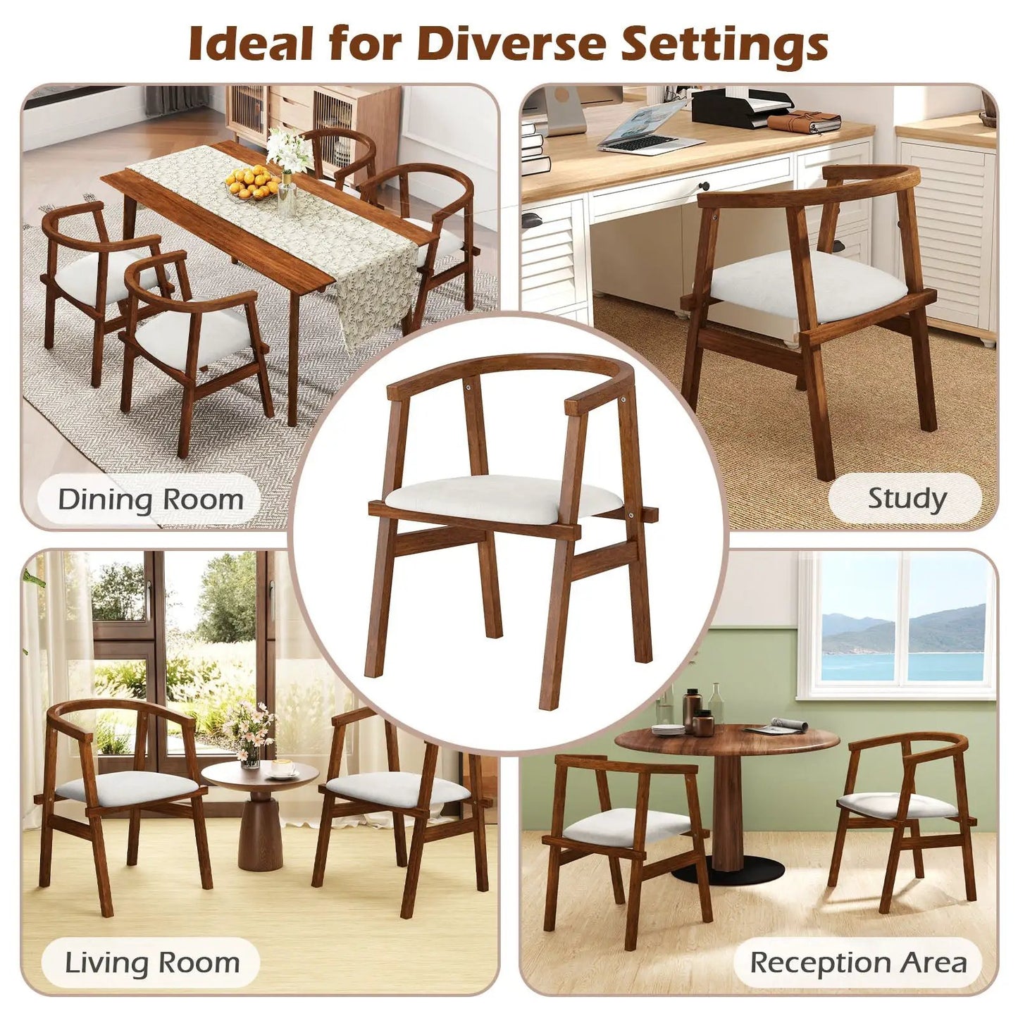 Solid rubber wood dining chairs with walnut finish, wrap-around armrests, white cushions on Tampa Home & Garden Store
