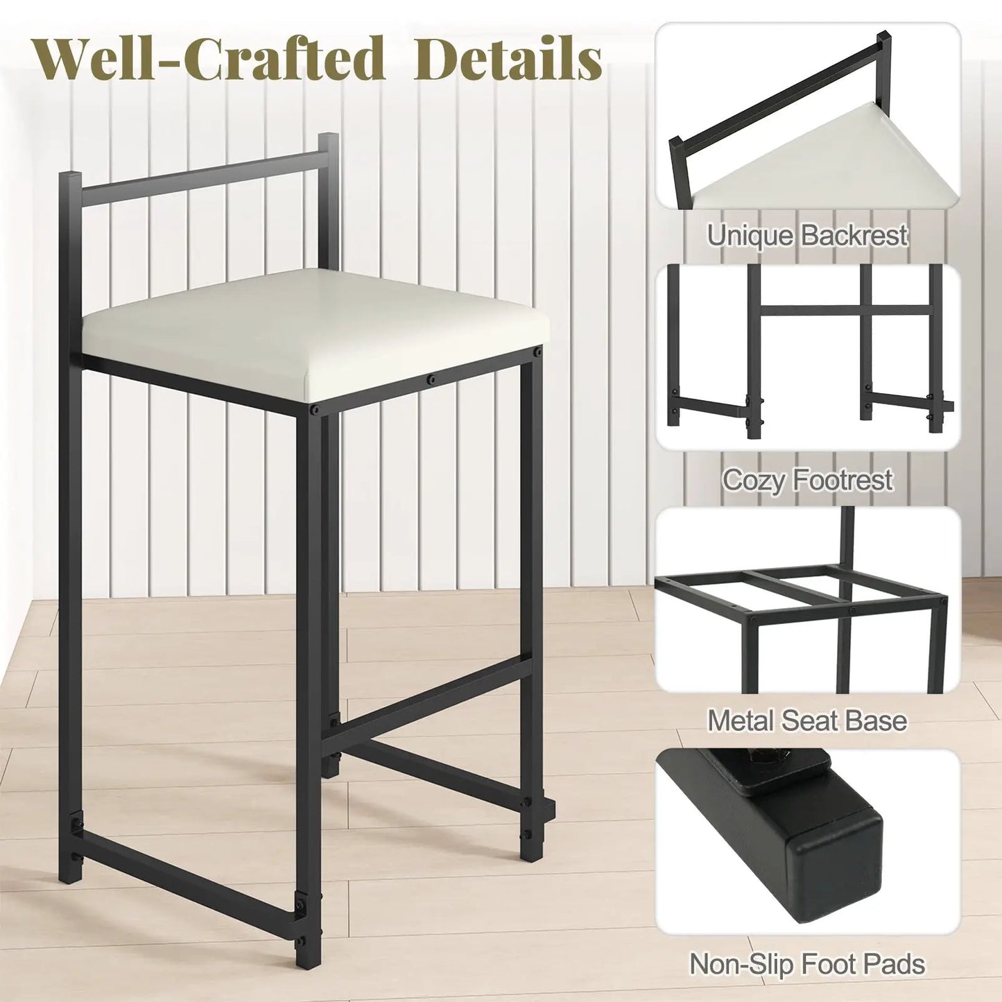 Set of 2 stackable counter-height bar stools with PU leather seats and black metal frame on Tampa Home & Garden Store