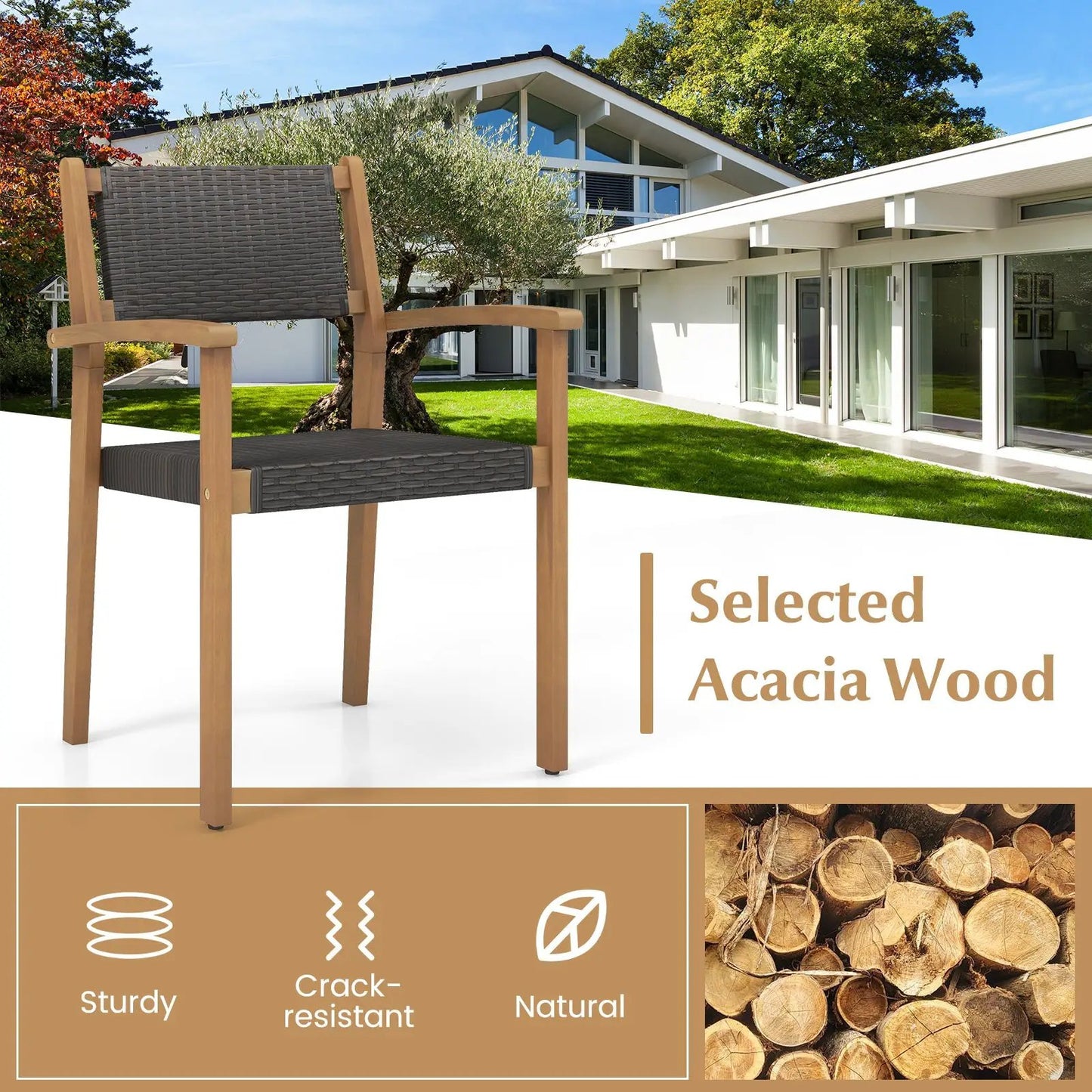Set of 2 stackable outdoor wicker chairs with acacia wood frame and gray weave DirectDeals on Tampa Home & Garden Store
