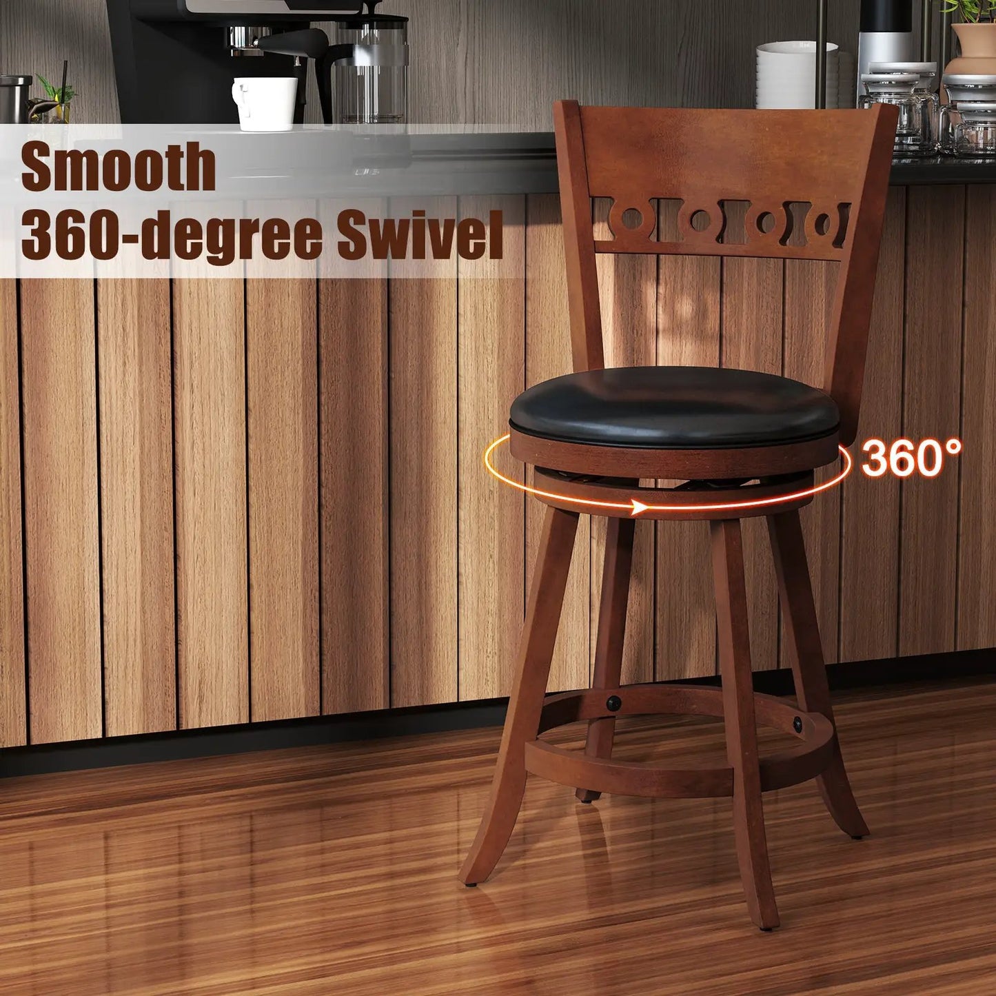Set of 2 swivel bar stools with rubber wood frame, 360° swivel, black cushioned seats on Tampa Home & Garden Store