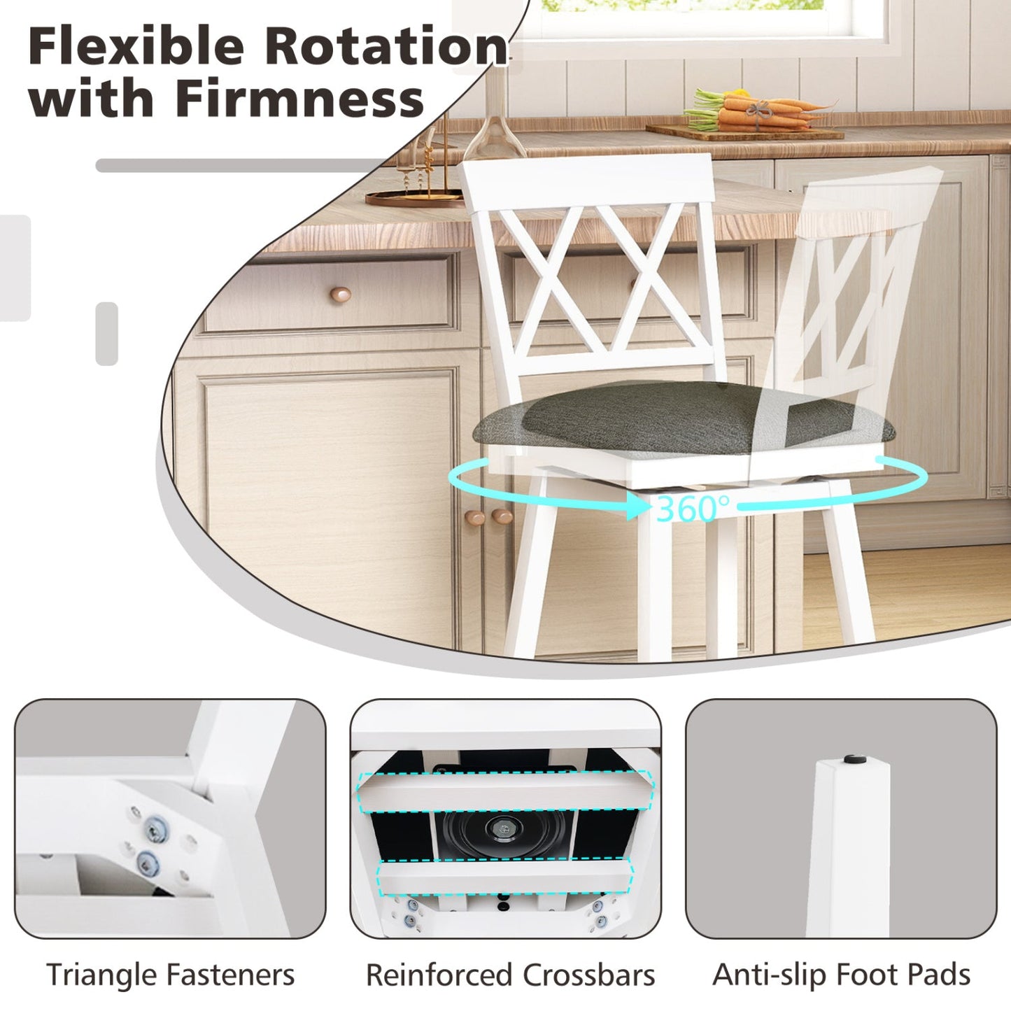 Set of 2 white swivel bar stools with backrests and grey upholstered seats, crossback design on Tampa Home & Garden Store