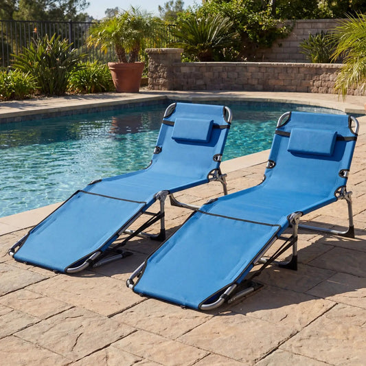 Set of 2 DirectDeals blue portable tanning chairs with face holes and 4-level backrests by pool on Tampa Home & Garden Store