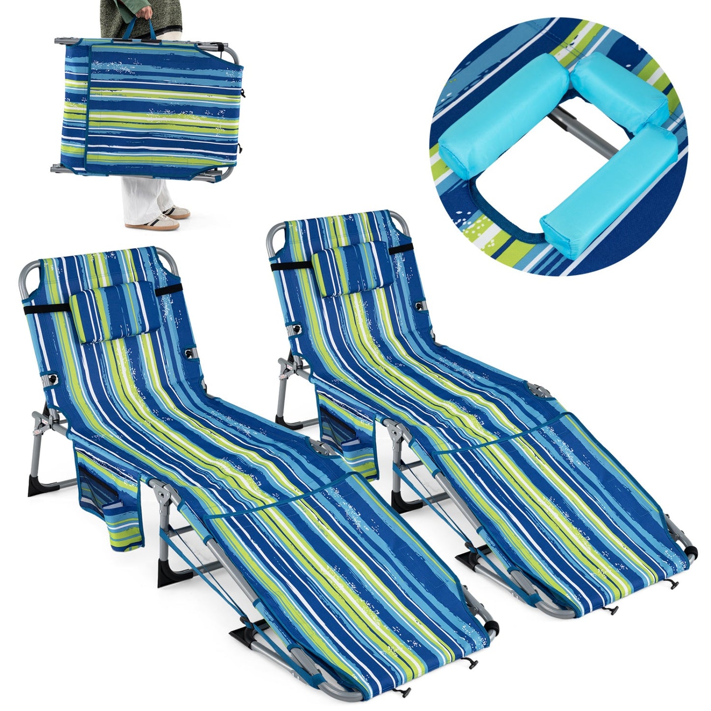 Set of 2 Tanning Chairs with Face Arm Holes Portable with 4-Level Backrest - Tampa Home & Garden Store