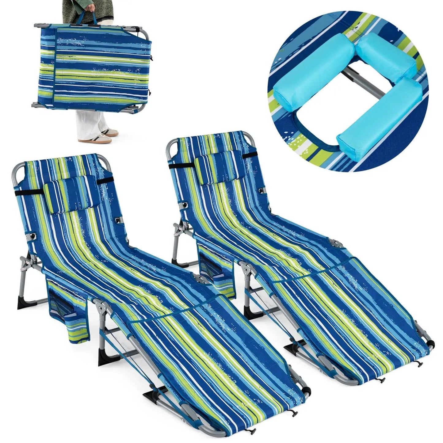 Set of 2 portable tanning chairs with face holes, blue striped sunloungers by DirectDeals on Tampa Home & Garden Store