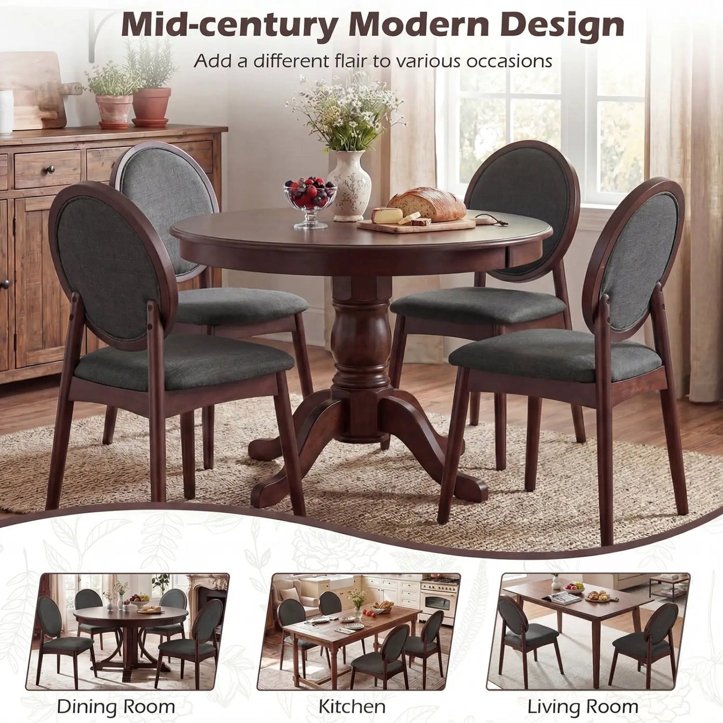 Two upholstered linen fabric kitchen side chairs with padded gray seats and wood frames on Tampa Home & Garden Store
