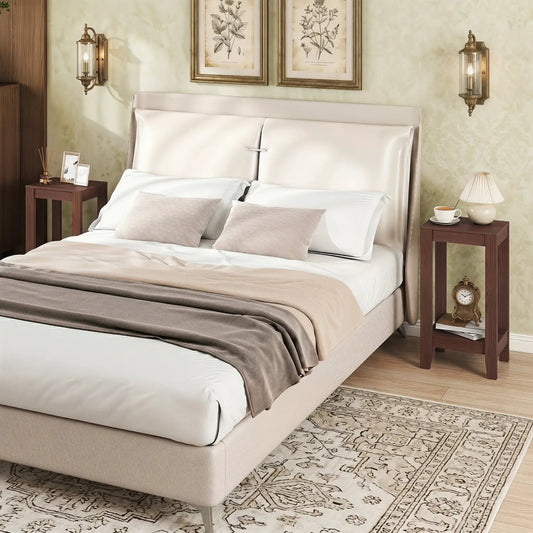 DirectDeals 2-Tier End Tables with Storage Shelf set of 2 in dark brown wood beside a bed on Tampa Home & Garden Store
