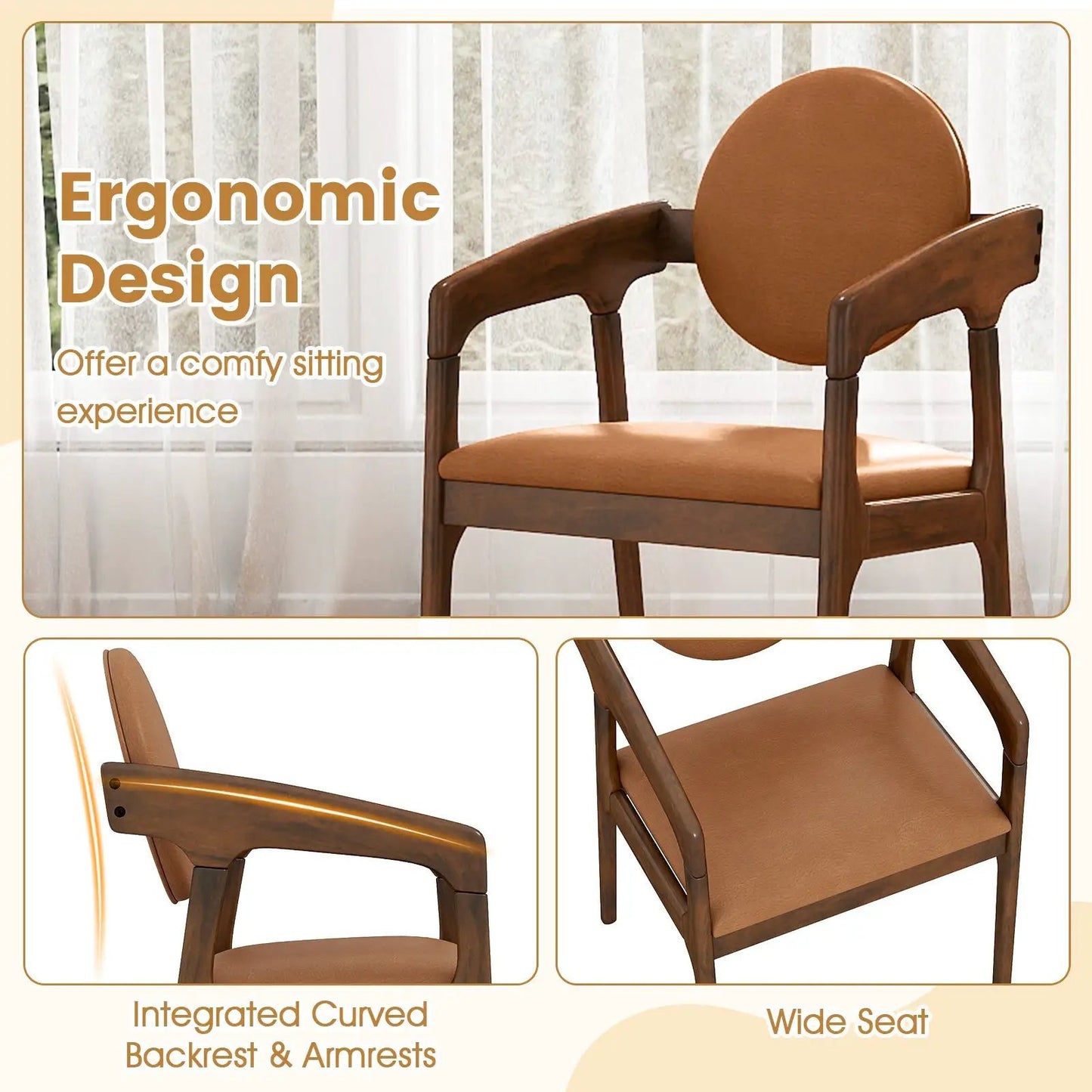 Two wooden dining chairs with brown PU leather upholstery and curved back and armrests on Tampa Home & Garden Store