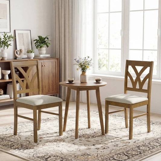 Wooden dining chairs set of 2 with beige upholstered seats and X-back in oak finish on Tampa Home & Garden Store