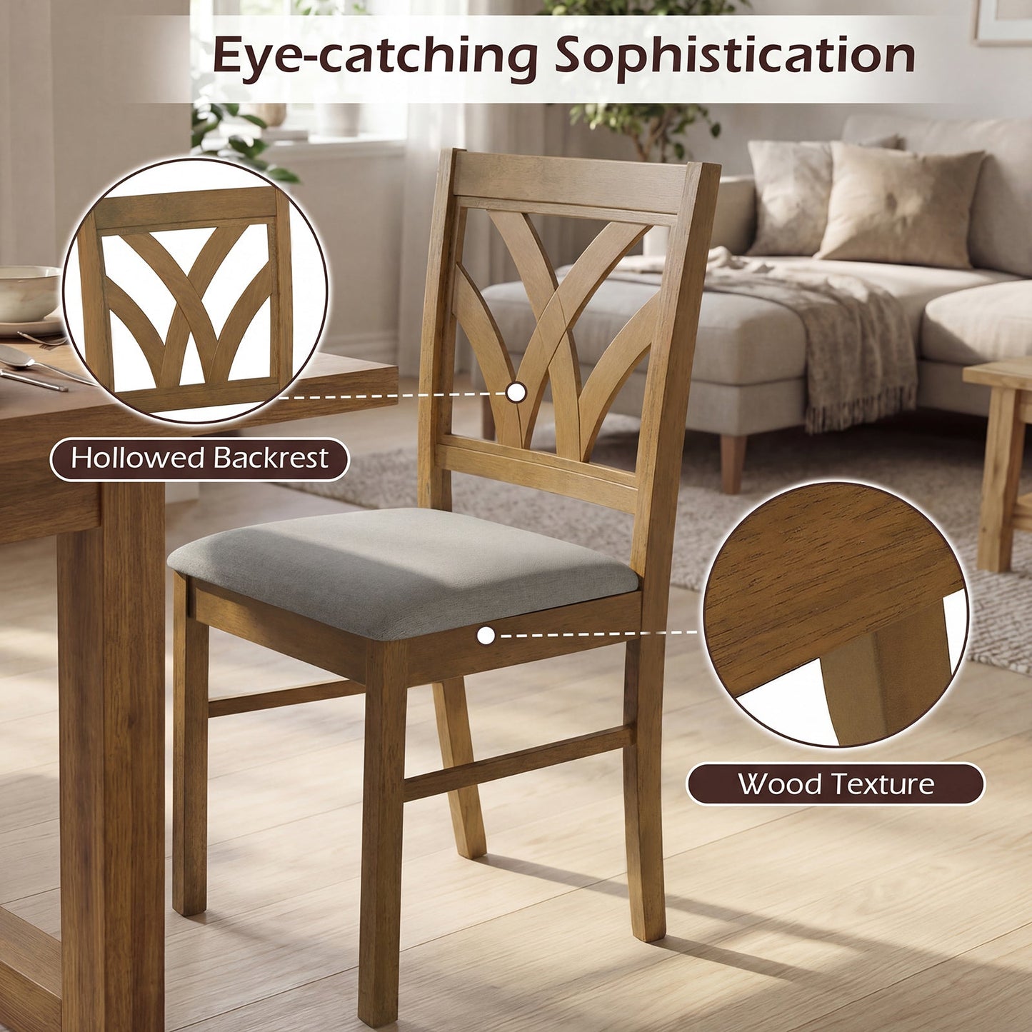 Wooden dining chairs set of 2 with gray upholstered seats and hollow backrests DirectDeals on Tampa Home & Garden Store