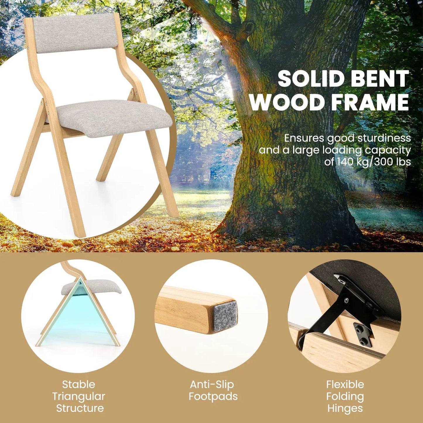Set of 2 wooden folding dining chairs with linen padded seats, bent wood frame on Tampa Home & Garden Store
