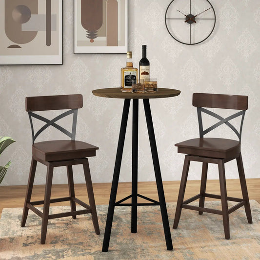 Set of 2 Wooden Swivel Bar Stools with Open X Back and Footrest-24 inches - Tampa Home & Garden Store