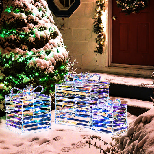 Set of 3 lighted gift boxes with bows and plug in iridescent acrylic DirectDeals decor on Tampa Home & Garden Store