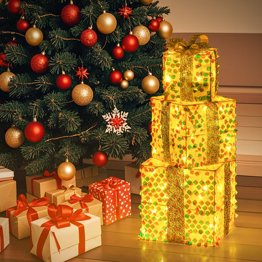 Set of 3 Christmas Lighted Gift Boxes DirectDeals with 90 LED lights, gold wrap and bows on Tampa Home & Garden Store