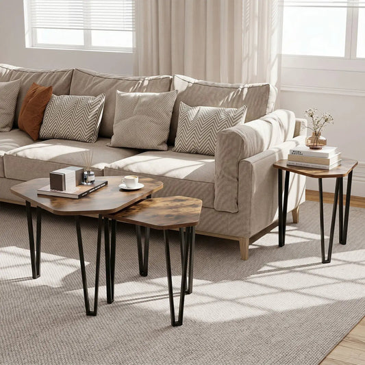 Nesting Coffee Tables Set of 3 with Metal Frame rustic brown tops black legs DirectDeals on Tampa Home & Garden Store