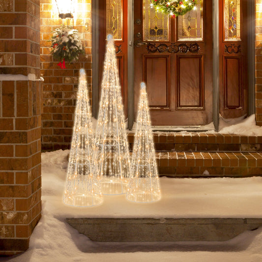 Set of 3 PreLit Christmas Cone Trees and Stars