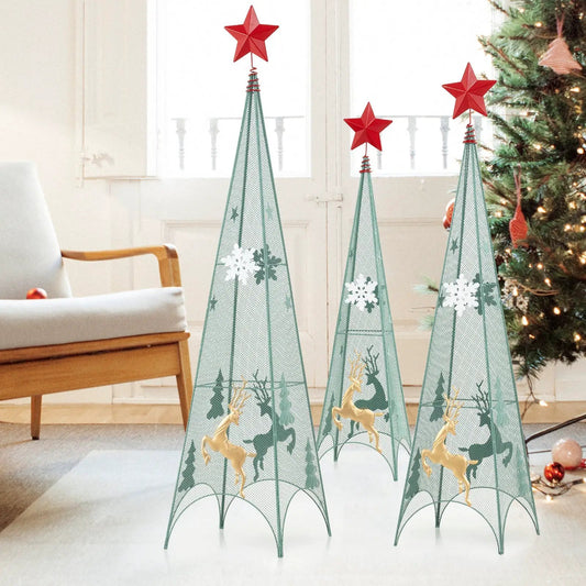 Set of 3 teal mesh tower Christmas trees with red star toppers on Tampa Home & Garden Store