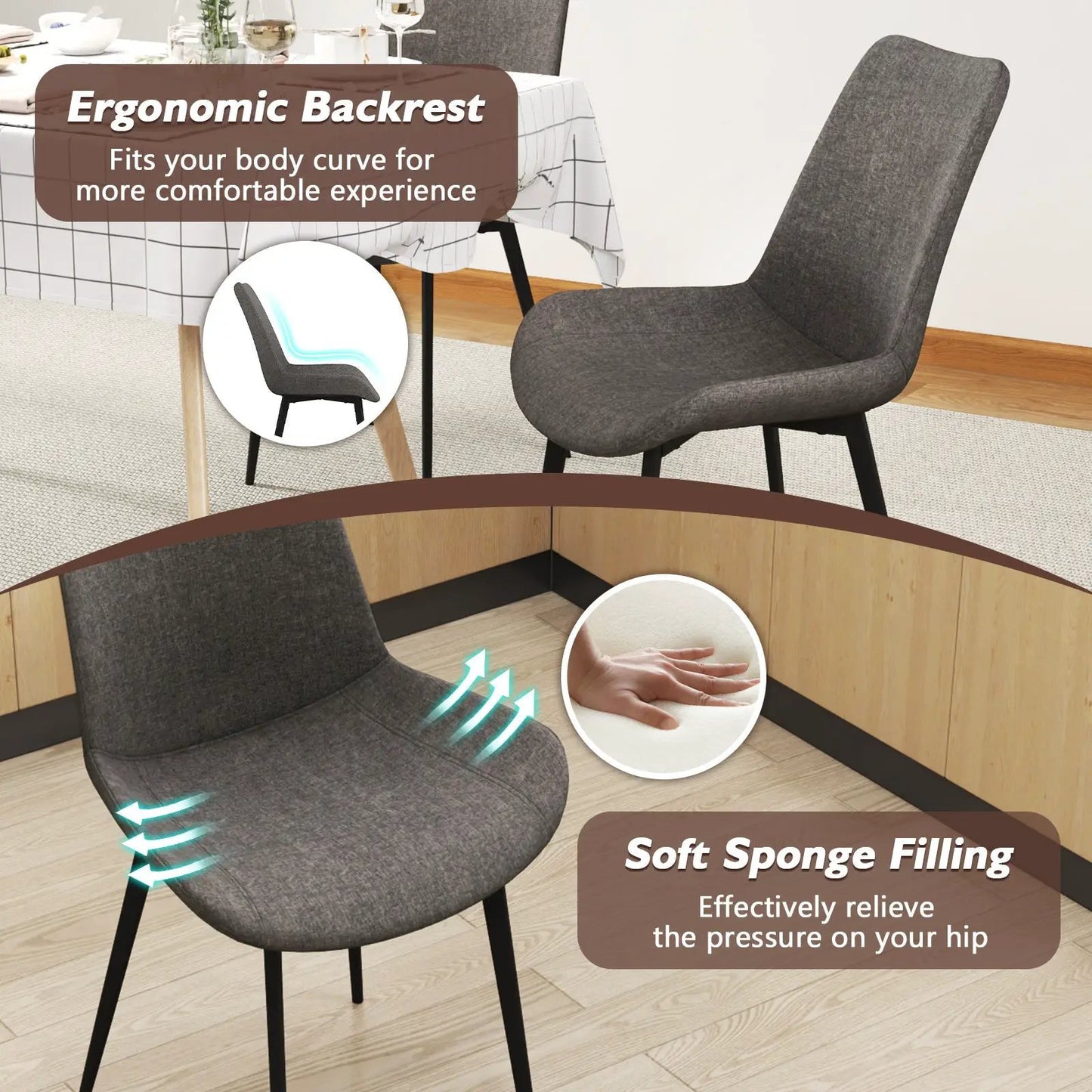 Set of 4 dining chairs with black metal legs and dark gray fabric upholstery on Tampa Home & Garden Store