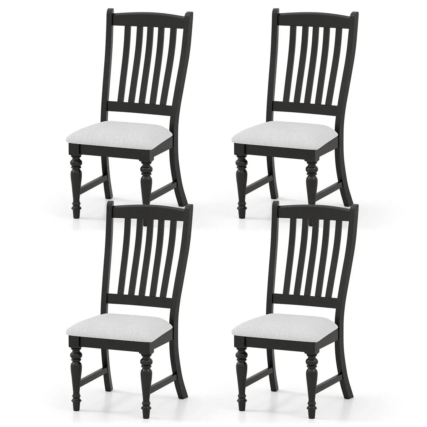 Set of 4 black dining chairs with wood legs and cushioned seats on Tampa Home & Garden Store