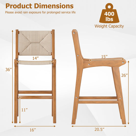 Set of 4 Outdoor Counter Height Bar Stool Woven Paper Rope Patio Barstool with Teak Wood Frame