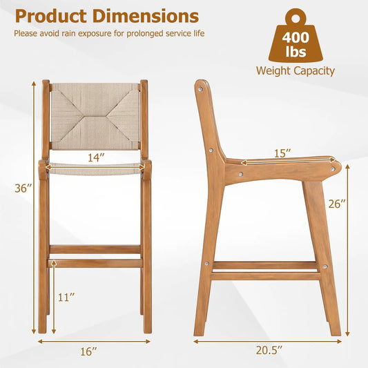 Set of 4 counter-height teak bar stools with natural paper rope weave for outdoor use on Tampa Home & Garden Store