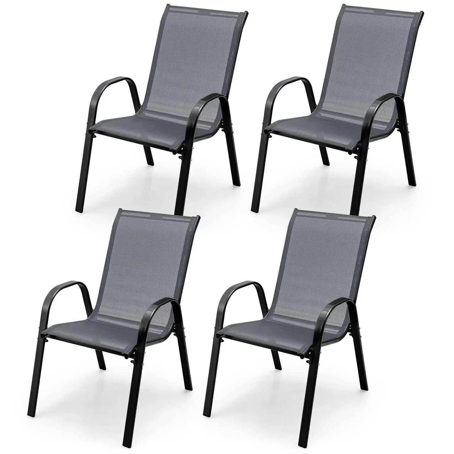 Four-piece stackable patio chairs with armrests in gray mesh, black metal frames by DirectDeals on Tampa Home & Garden Store