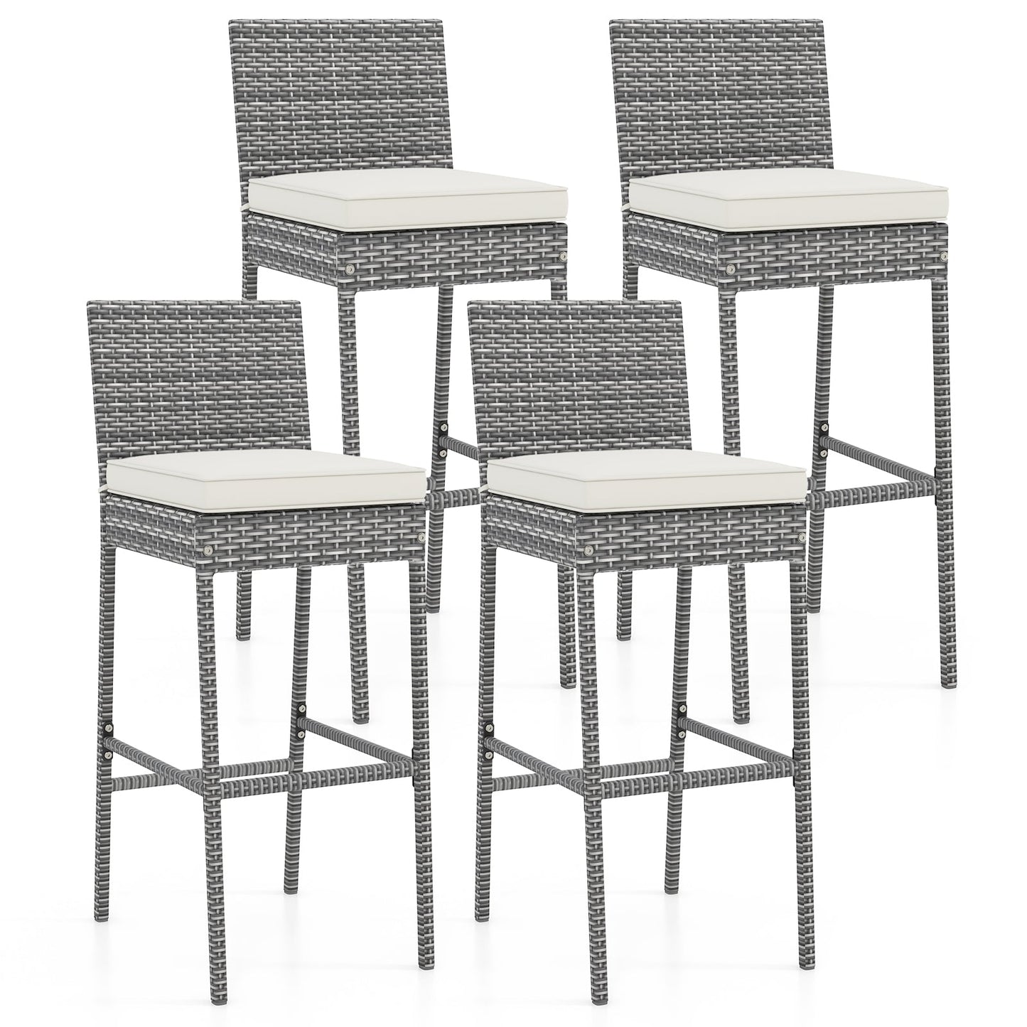 Juego de 2/4 taburetes de bar de mimbre para patio con cojín de asiento suave y cómodo reposapiés - Juego de 2