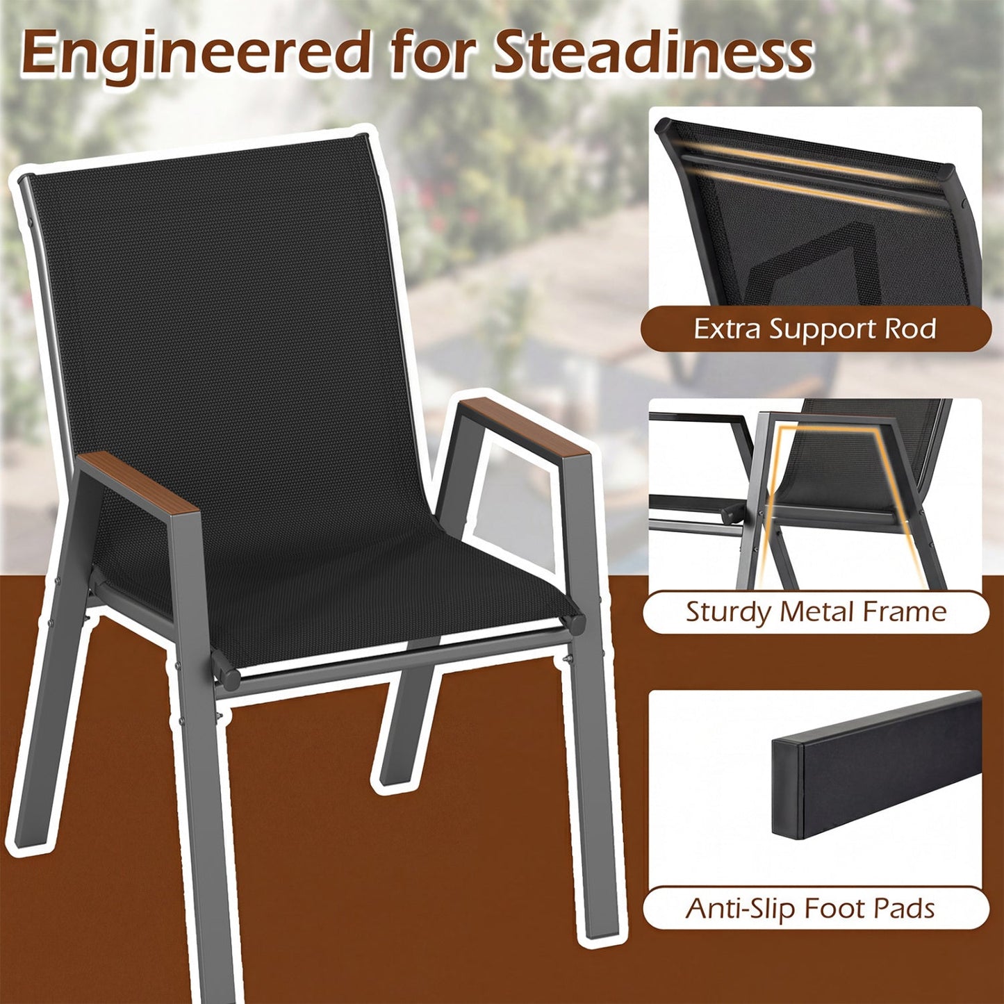 DirectDeals stackable patio dining chairs set of 4, black mesh, high backs, gray metal frame on Tampa Home & Garden Store
