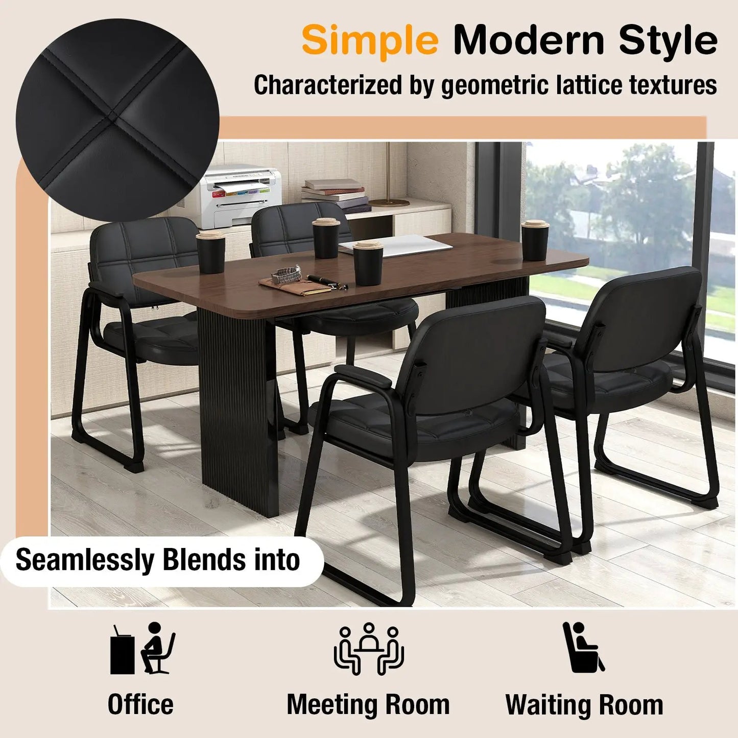 DirectDeals 4 waiting chairs with armrests in black lattice-stitched faux leather around table on Tampa Home & Garden Store