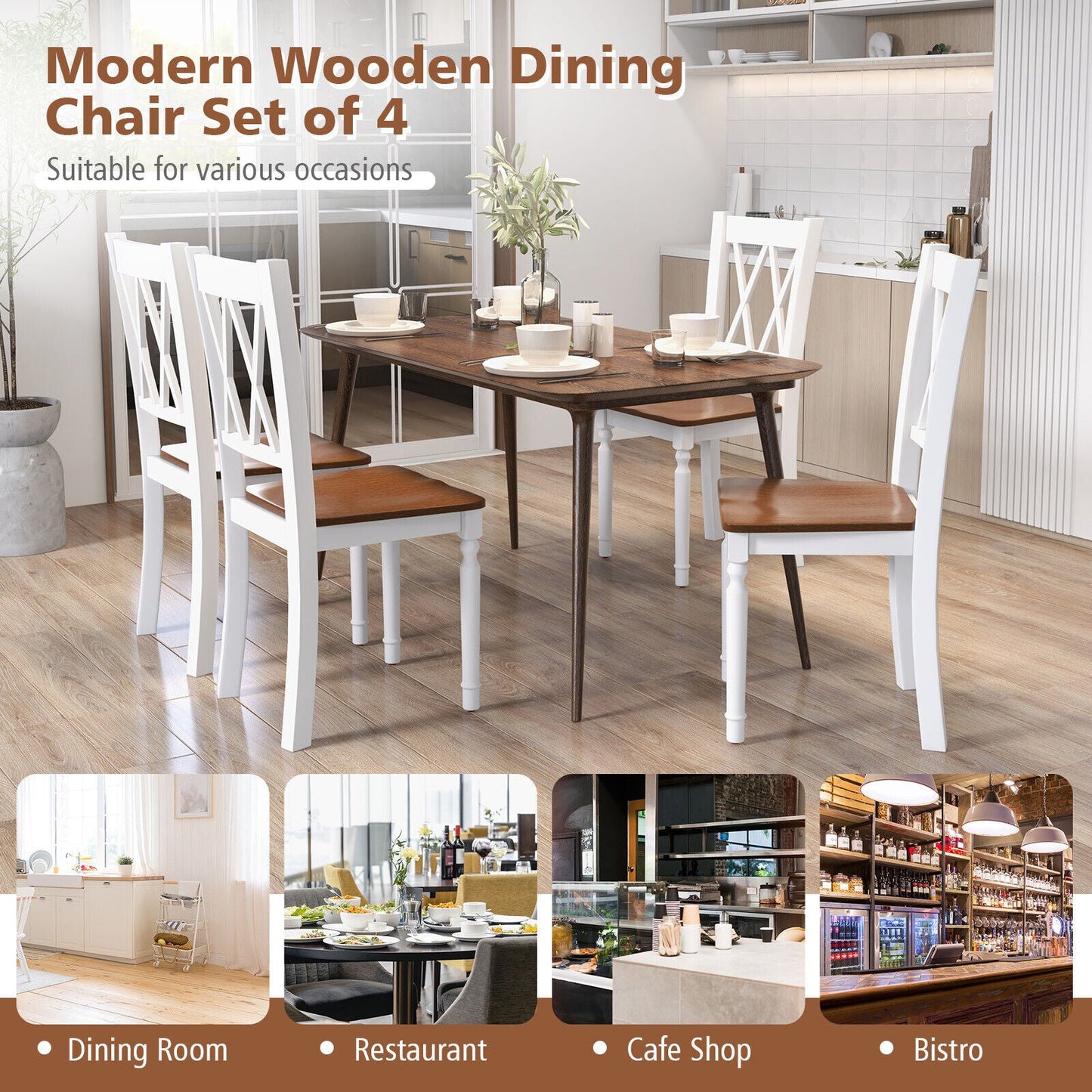 Juego de 4 sillas de cocina de madera estilo rústico con asiento de madera de caucho
