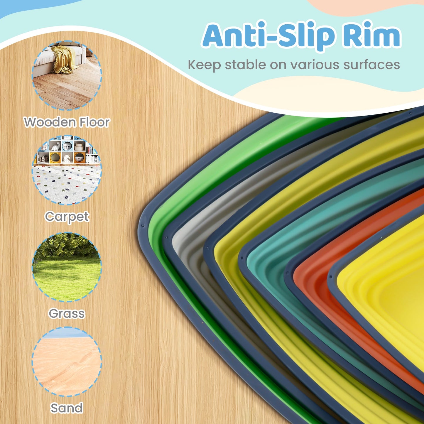 Set of 11 rainbow stepping stones for kids with storage bag for balance play on Tampa Home & Garden Store
