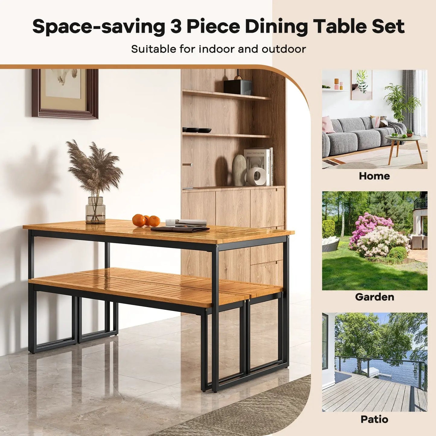 Set of 2 DirectDeals patio dining benches with wood slat tops and black metal frames for 2–3 people on Tampa Home & Garden Store
