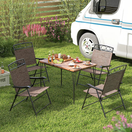 Set of 4 Patio Folding Chairs Set Dining Chairs with Armrests-Brown - Tampa Home & Garden Store
