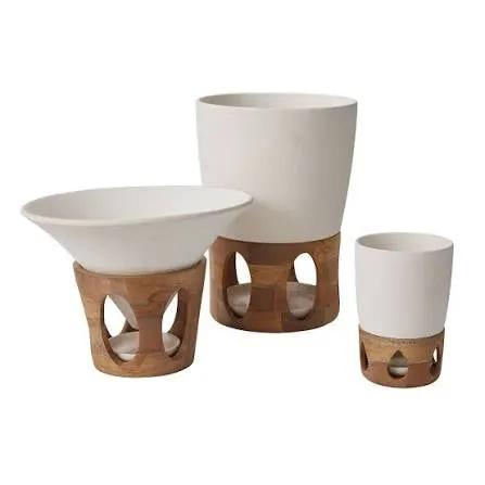 Seville Planter with Stand for Patio set of 3 white ceramic planters on wooden stands on Tampa Home & Garden Store