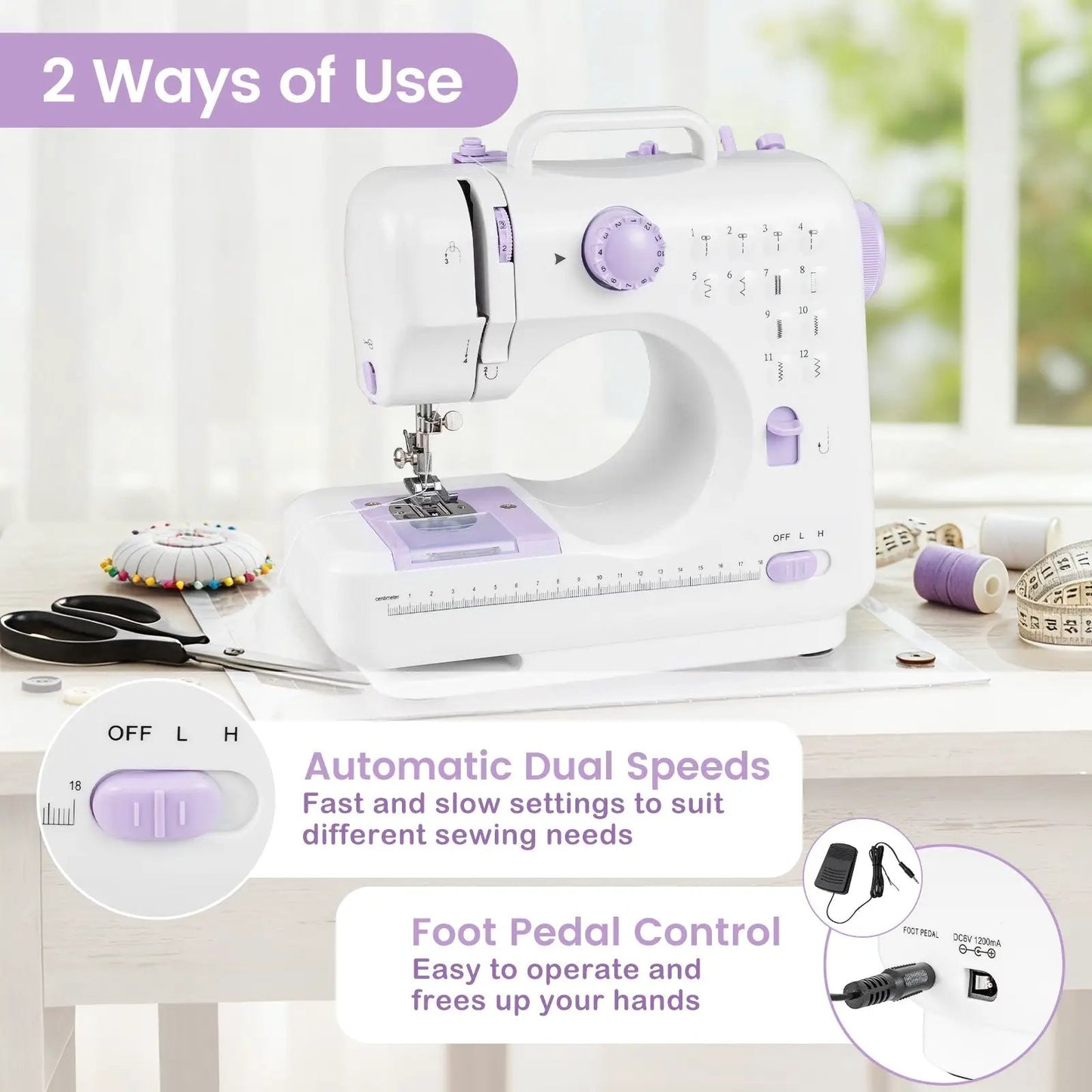 Beginner mini sewing machine DirectDeals, white with lavender accents, 12 stitches on Tampa Home & Garden Store