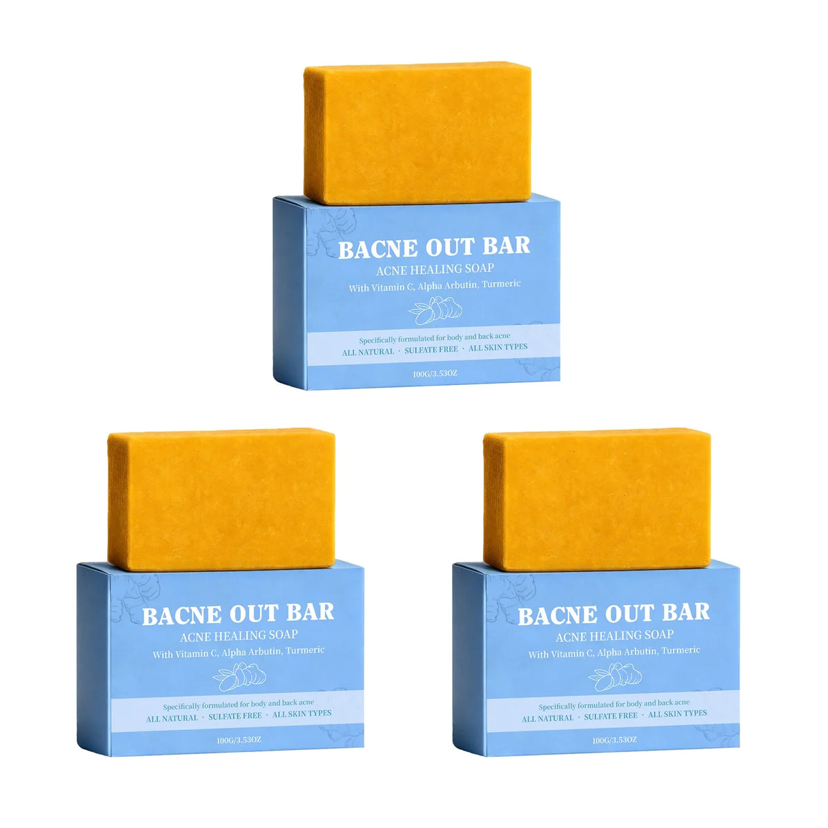 Bacne Out Bar acne healing soap blocks on blue packaging boxes, three orange bars on Tampa Home & Garden Store