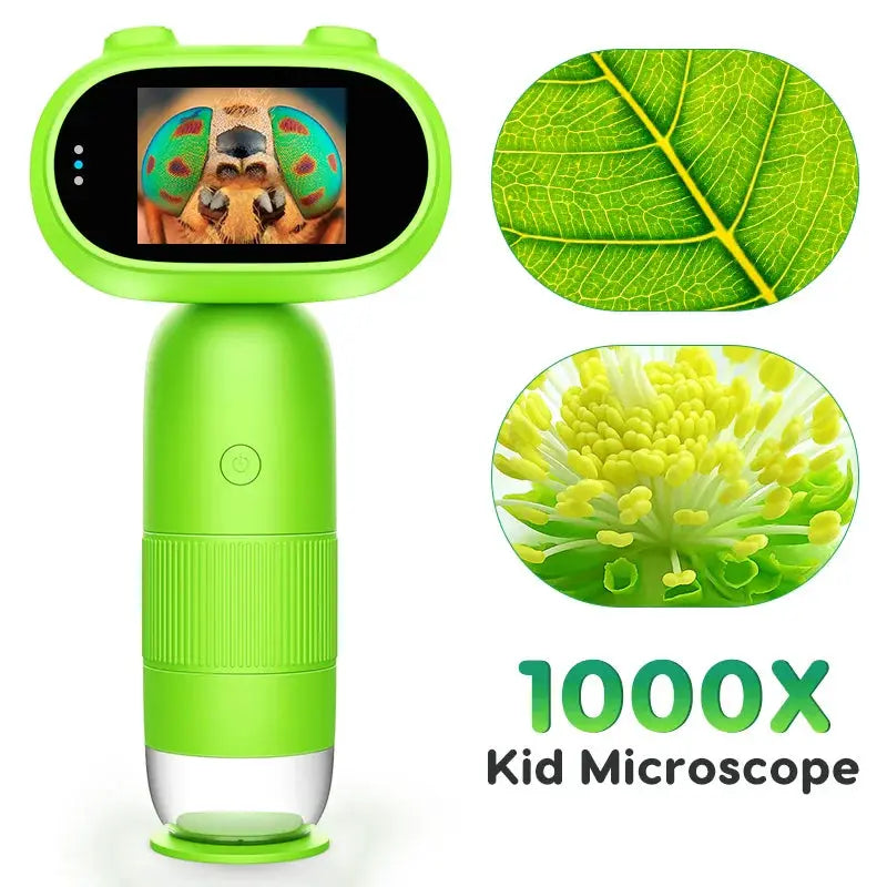 Kids Digital Microscope 1000x with LED lights, lime green body, leaf closeups on screen on Tampa Home & Garden Store