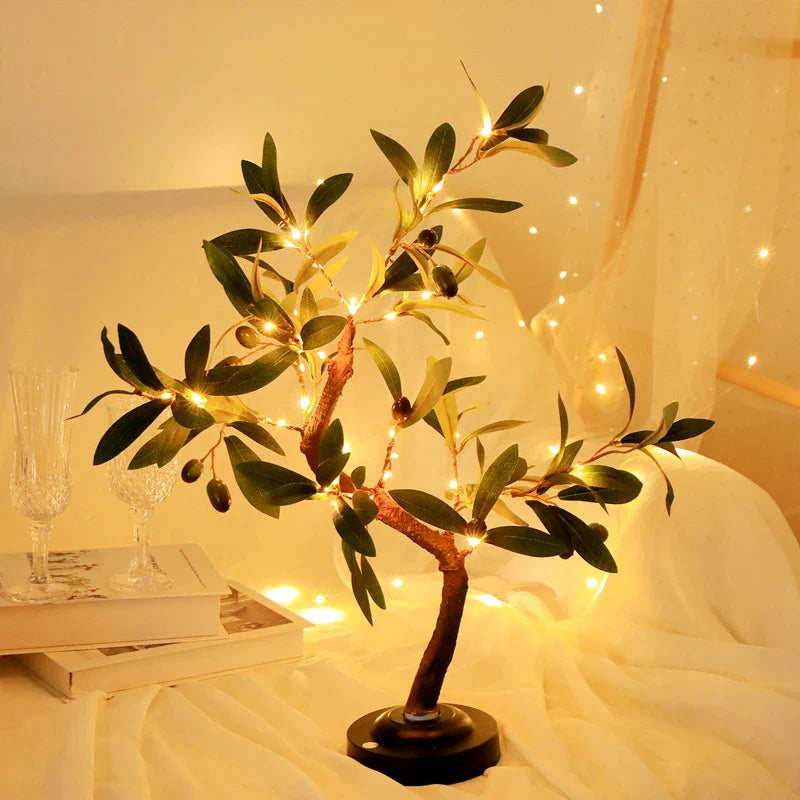 Table lamp LED tree lights in green with warm white LEDs, battery powered on a round black base on Tampa Home & Garden Store