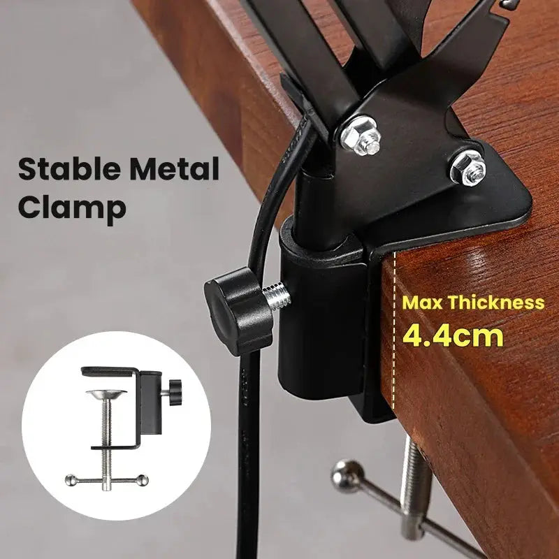 Industrial foldable LED desk lamp with swing arm clamp in black metal on Tampa Home & Garden Store