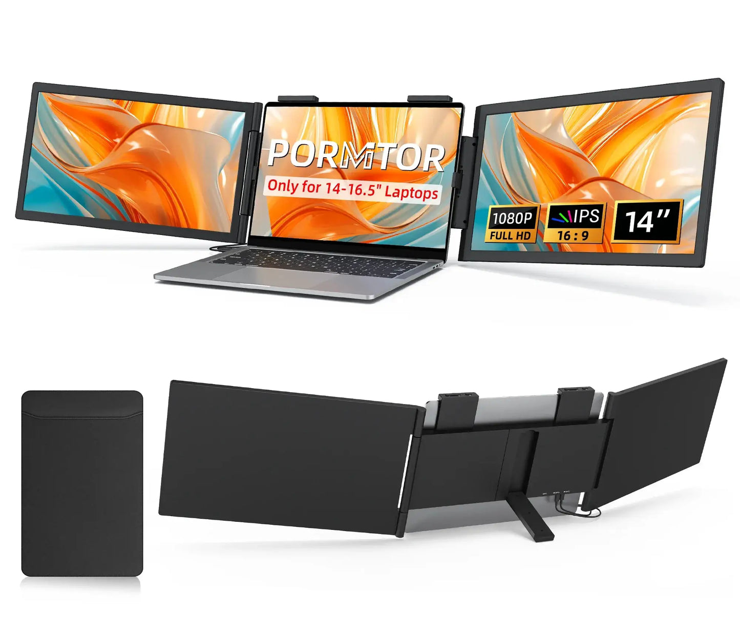 Amoudo 14 Inch Dual Laptop Monitor FHD IPS USB-C triple-screen setup with black bezels on Tampa Home & Garden Store