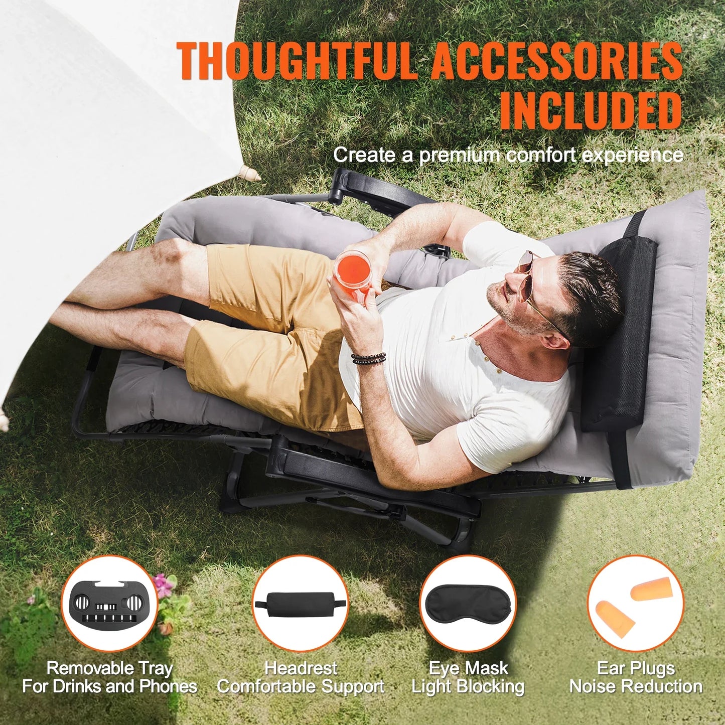 Zero Gravity Recliner Chair with Cup Holder, gray cushion and black frame, foldable lounger on Tampa Home & Garden Store