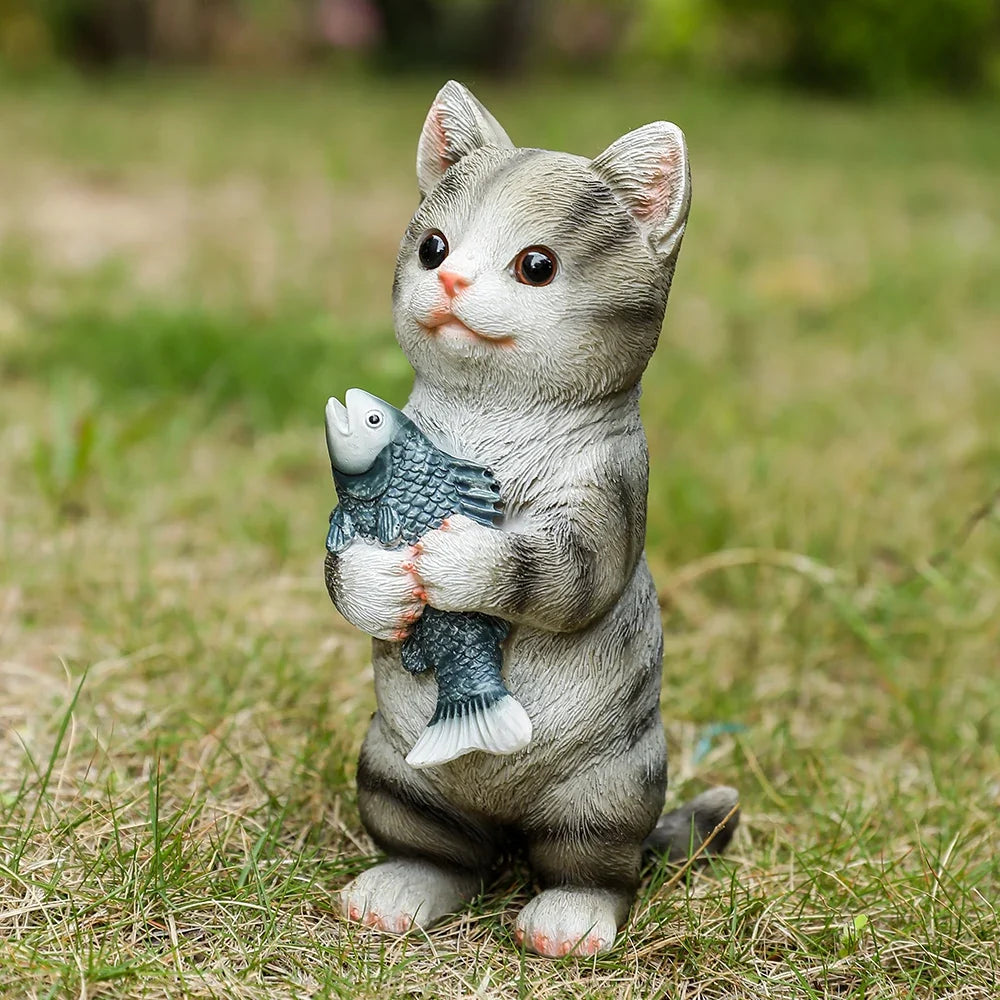 Perfecsy cat figurine statue outdoor garden decor gray kitten holding a fish on Tampa Home & Garden Store
