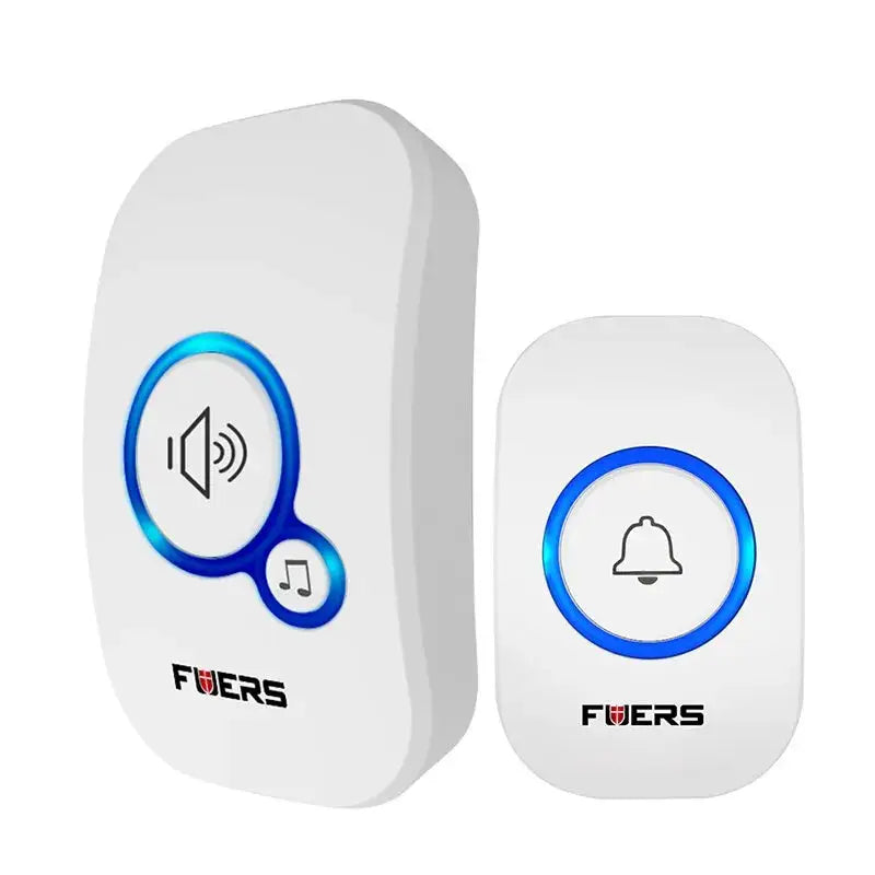 Wireless waterproof doorbell set by FUERS, two white units with blue ring accents and 32 chimes on Tampa Home & Garden Store