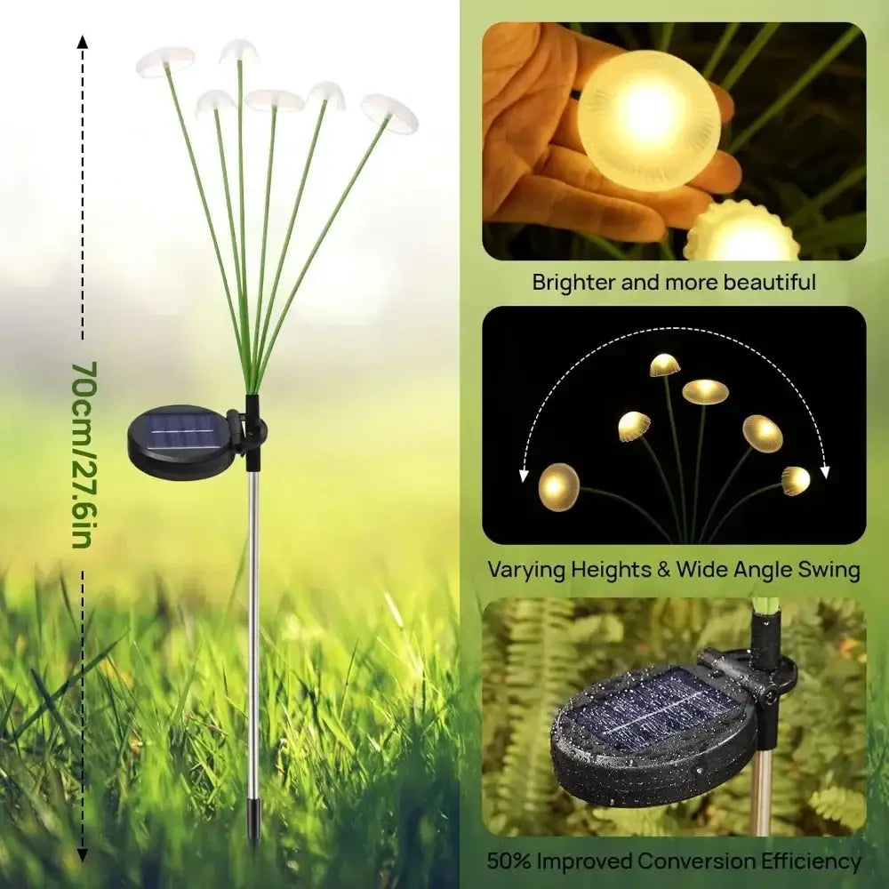 Solar Jellyfish Lights garden stake by Moktan Sabai; green stems, white caps, solar panel on Tampa Home & Garden Store