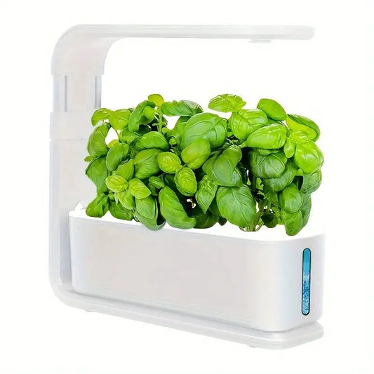 Hydroponic Growing System indoor garden with white frame, basil plant, LED light, Moktan Sabai on Tampa Home & Garden Store
