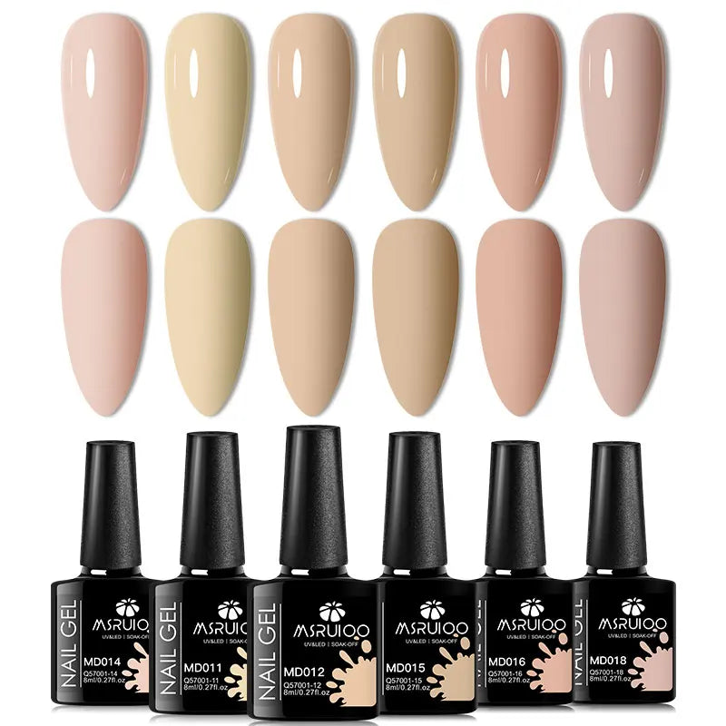 6pc Silcy Skin nail gel polish set with 12 nude beige swatches and black UV gel bottles on Tampa Home & Garden Store