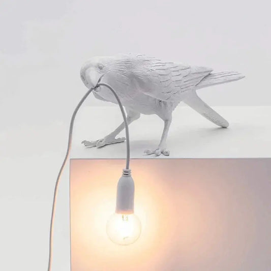 Crow Bird Resin Wall Lamp with white finish and hanging bulb light for bedroom Moktan Sabai on Tampa Home & Garden Store
