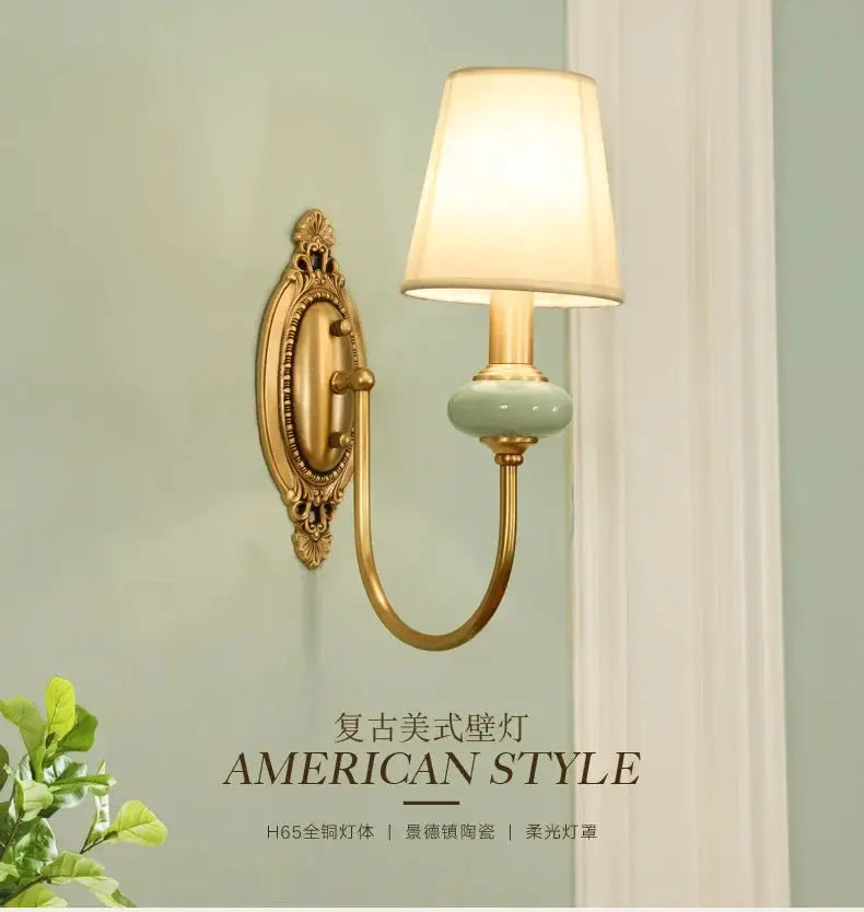 American Copper Wall Lamp Ceramic Bedside Sconce with teal ceramic body and fabric shade on Tampa Home & Garden Store